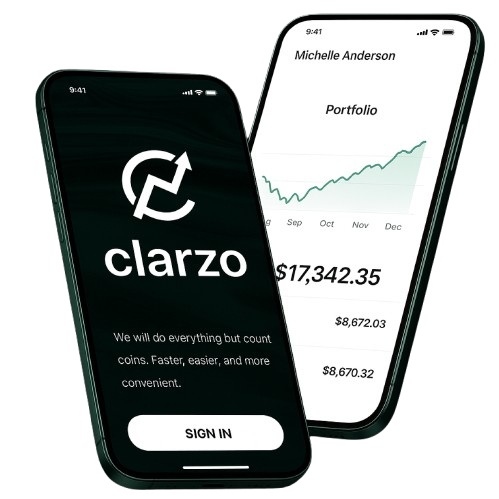 Clarzo App Interface showing portfolio dashboard with financial data and charts